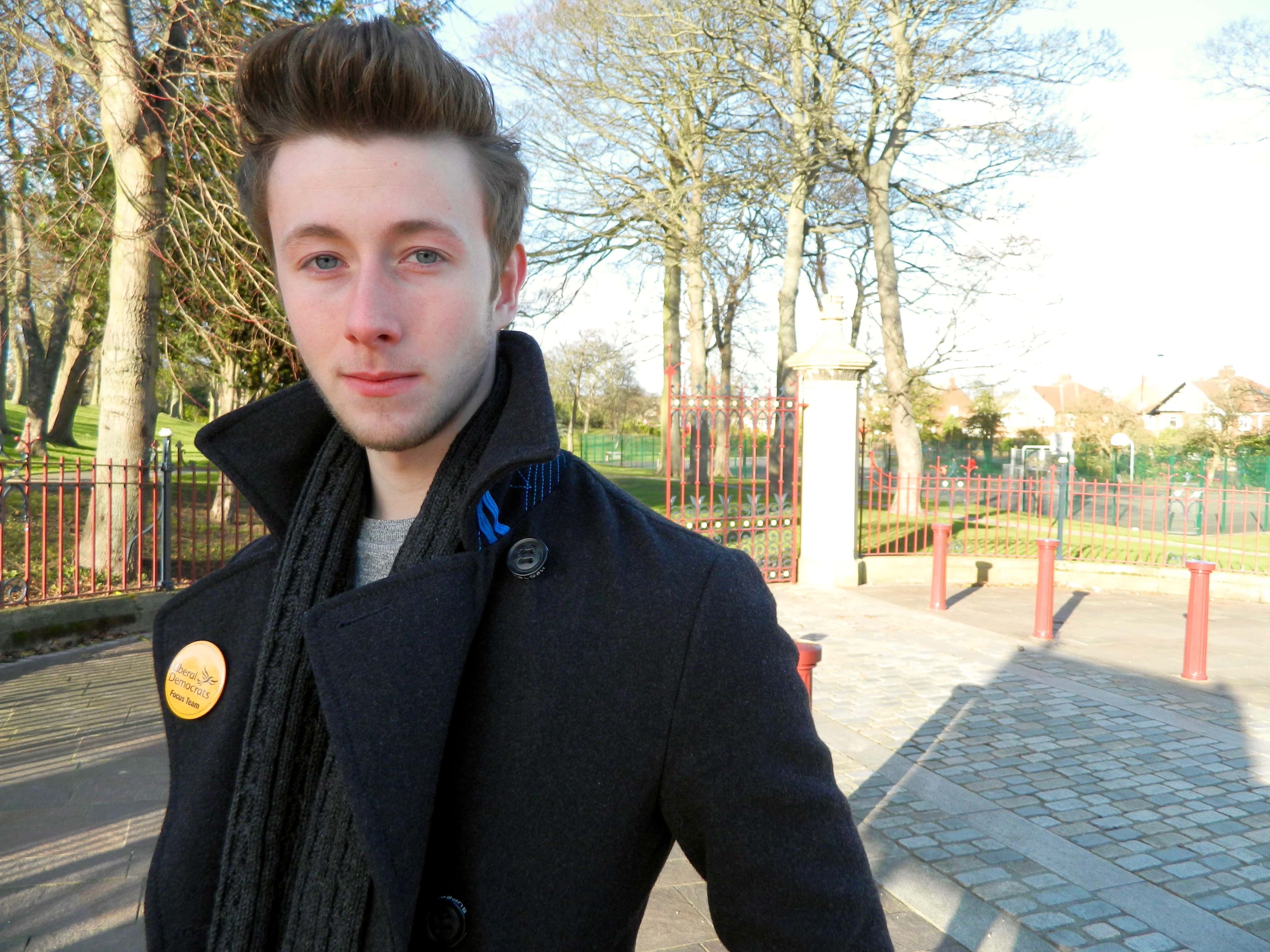 Photo: A photo is attached: Lib Dem campaigner Bailey Baker at the entrance to Barnes Park on Bede Bank. 