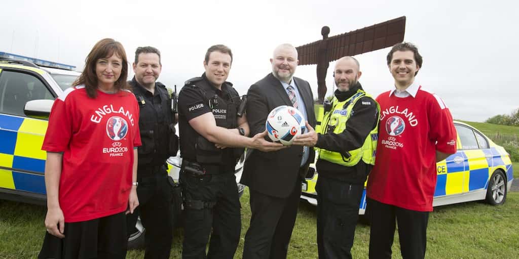 Picture shows RSGB North East Chairman Paul Watson, holding the ball, with road safety officers Angela Burnett and Peter Slater, plus road policing officers from Northumbria Police and the Cleveland and Durham Specialist Operations Unit.