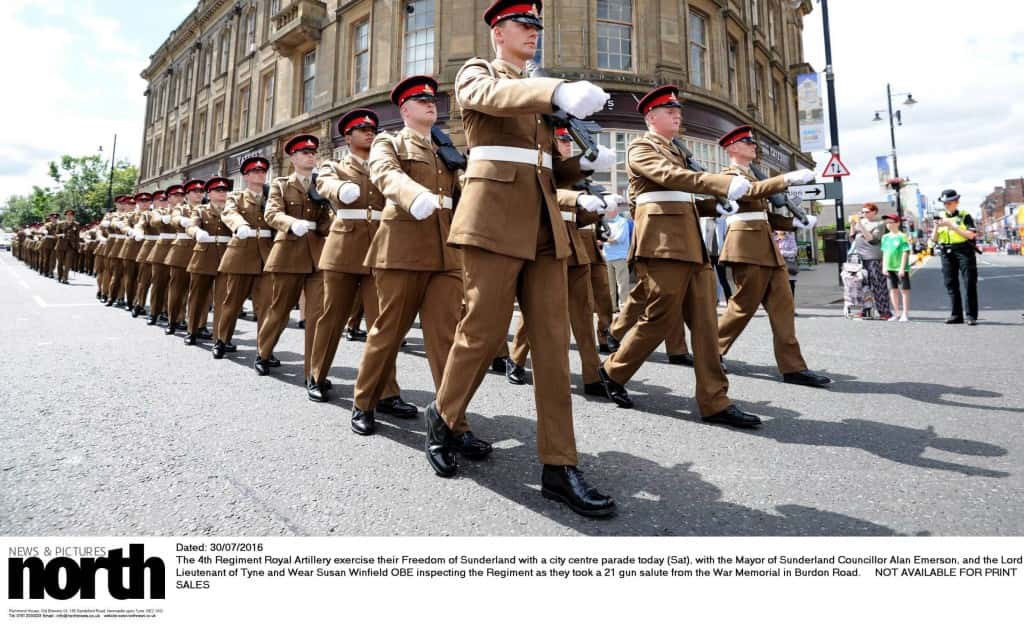 Dated: 30/07/2016 The 4th Regiment Royal Artillery exercise their Freedom of Sunderland with a city centre parade today (Sat), with the Mayor of Sunderland Councillor Alan Emerson, and the Lord Lieutenant of Tyne and Wear Susan Winfield OBE inspecting the Regiment as they took a 21 gun salute from the War Memorial in Burdon Road/ By NorthNewsAndPictures/2daymedia.