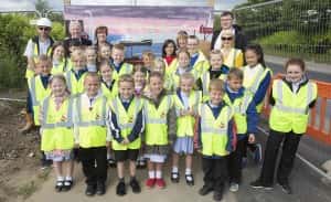 Shipping history: Pupils and teachers from Castletown Primary School show off one of their pieces of art with Sunderland City Council Deputy Leader Cllr Harry Trueman, FVB’s Brigid McGuigan and Headteacher Joan Lumsdon.