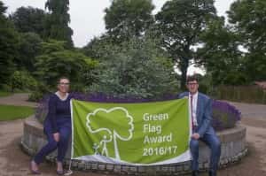 Pictured with the Green Flag for Barnes Park are Councillor Rebecca Atkinson (left) and Councillor Michael Mordey, Portfolio Holder for City Services/by Sunderland City Council.