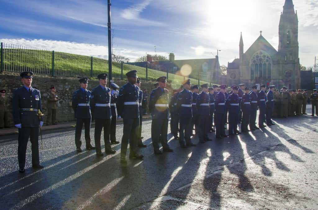 Airmen of RAF Boulmer in file outside the Civic Centre waiting to march in.