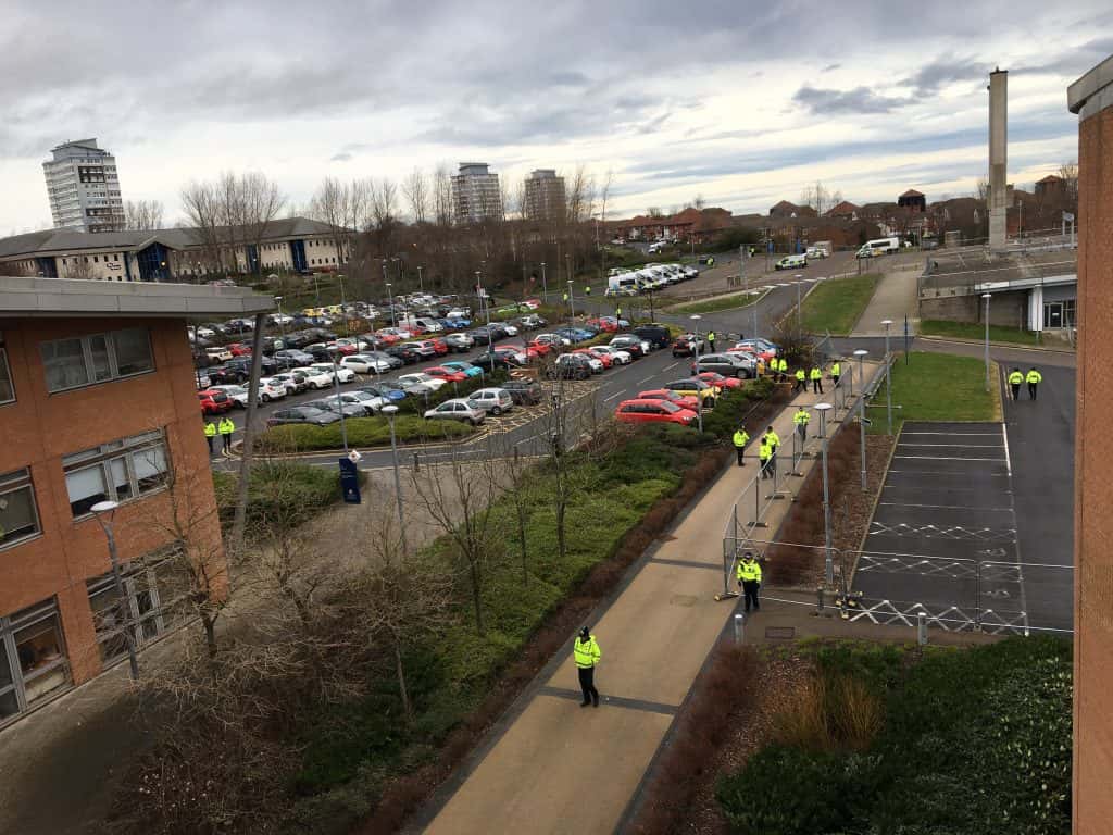 Police have set up a cordon around the National Glass Centre in preparation for the PM and cabinet's arrival.